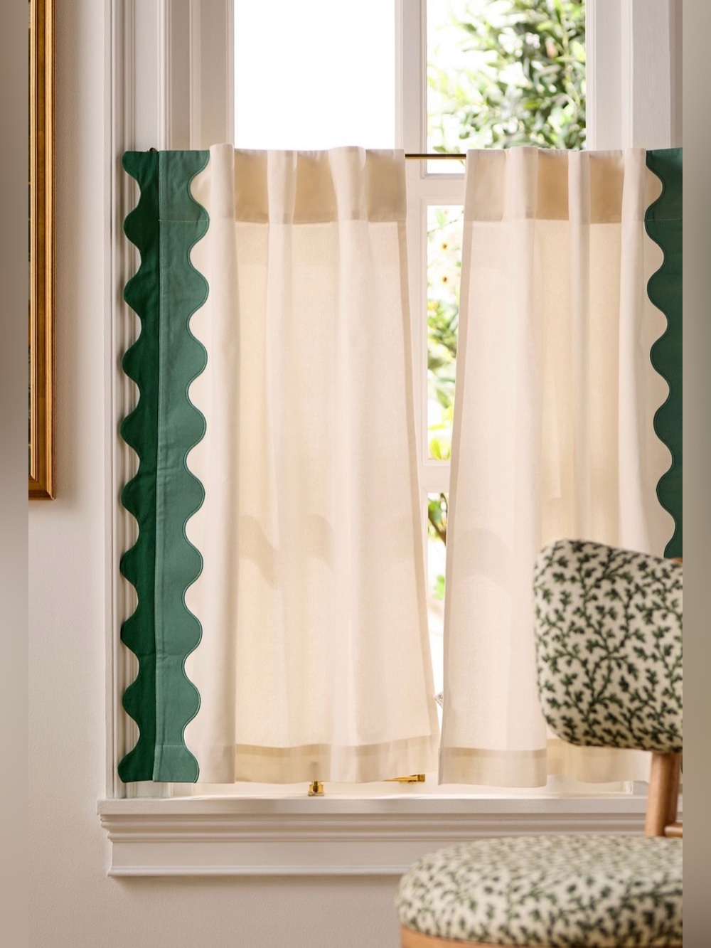 Anthropologie Maeve Scalloped Cotton Cafe Curtain, Set of 2, Green